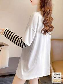 二合一条纹棉质长袖T恤，宽松版型，字母印花，时尚 - 白色 - 查看 5