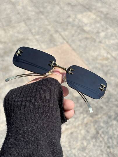 MEIRONG نظارة مرأة موضة إطار معدني مستطيل بدون حواف، مناسبة للمسرح وعروض الأزياء والحفلات والنوادي الليلية والهيب هوب والشارع والأناقة اليومية والعطلات