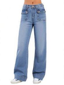 Women Wide Leg Jeans Tummy Control Mid-High Waisted Straight Stretchy Denim Pants With Pockets - 淺藍色 - 查看 5