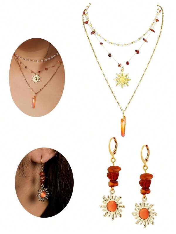 Collar con colgante de sol de cristal y pendientes góticos bohemios con cristal celestial en forma de sol, collar bohemio gótico hippie para verano y playa, conjunto de joyería bohemia hippie, regalo de joyería navideña para mujeres