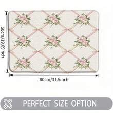 1pc Flannel Vintage Floral Bath Mat With Diamond Pattern, Pink Roses & Green Leaves, Non-Slip Plush Rug Soft Beige Background, Pink Ribbon Bow, Perfect For Bathroom, Kitchen, Bedroom, Or Entryway Decor, Bathroom Rug - 白色 - 查看 4