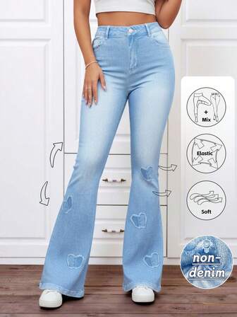 大码女式喇叭牛仔裤，心形印花，浅蓝色，高腰弹力，秋冬休闲装，情人节浪漫装，复古风格