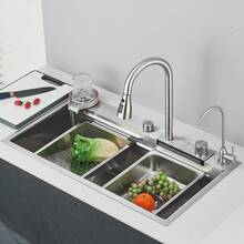 Saetow Juego de fregadero de cocina de níquel cepillado, fregadero de cocina de acero inoxidable 304 de un solo seno con cascada, grifo monomando con rociador extraíble, fregadero de cocina doméstico con tabla de cortar, cesta de desagüe, lavavasos y grifo con purificador de agua (80 x 46 cm) - Níquel Cepillado - Ver 2