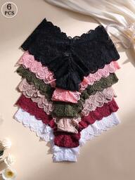 6 PCS Women's Sexy Lace Splicing Panties Mid Waist Seamless Briefs Soft Comfortable & Breathable Underwear For Yoga, Sports And Daily Wear