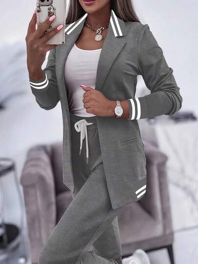 Women's Casual Sports Side Stripe Jacket And Drawstring Waist Pants Set Spring