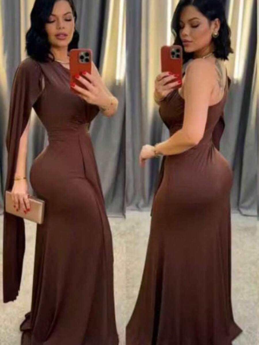Women's Long Party Dress One Shoulder With Elegant Slit One Size M (Fits 38 To 42) Simple Elegant Party Beach Wedding, Bridesmaid And Graduation. - 鏽棕色 - 查看 1