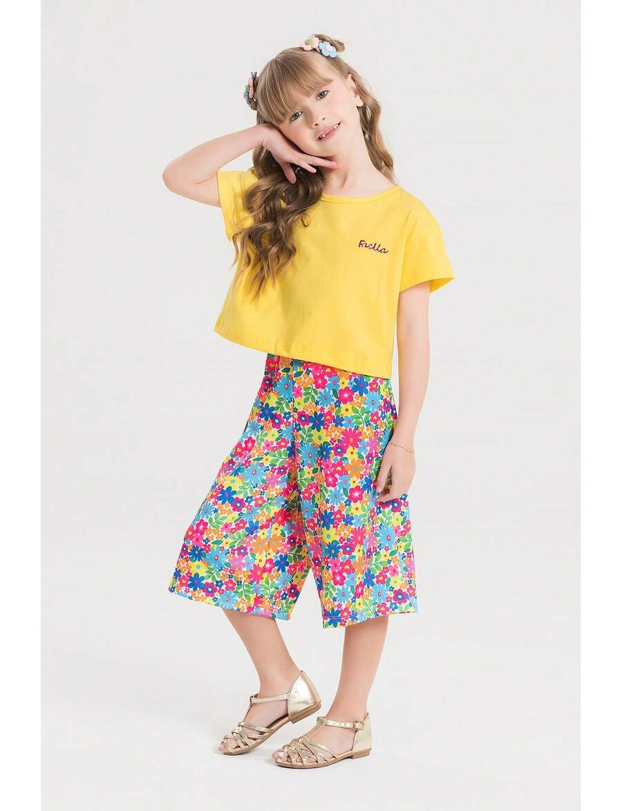 Conjunto Infantil Verão Feminino Pantalona Faella Florido - Amarelo - Amarelo - Visão 1