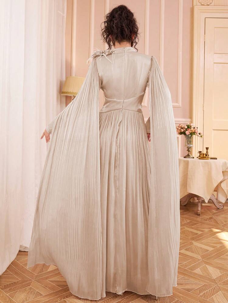 فستان نسائي أنيق بأكمام طويلة مطوي، تصميم ياقة واقفة، مزين بزهور ورد ثلاثية الأبعاد، مناسب لارتداء الحفلات الرومانسية والزفاف والخريف - لون مشمشي - مشاهدة 2
