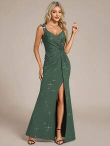 EVERPRETTY Women's Formal Dresses Elegant Glamorous V-Neck Sleeveless High Split Waist Ruched Sequin Sparkly Green Semi Formal Dresses Prom For Dinner Party Formal Event