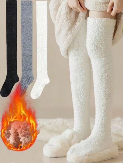 女士珊瑚绒过膝长袜，冬季保暖加厚膝袜，舒适居家睡地袜，适合寒冷天气