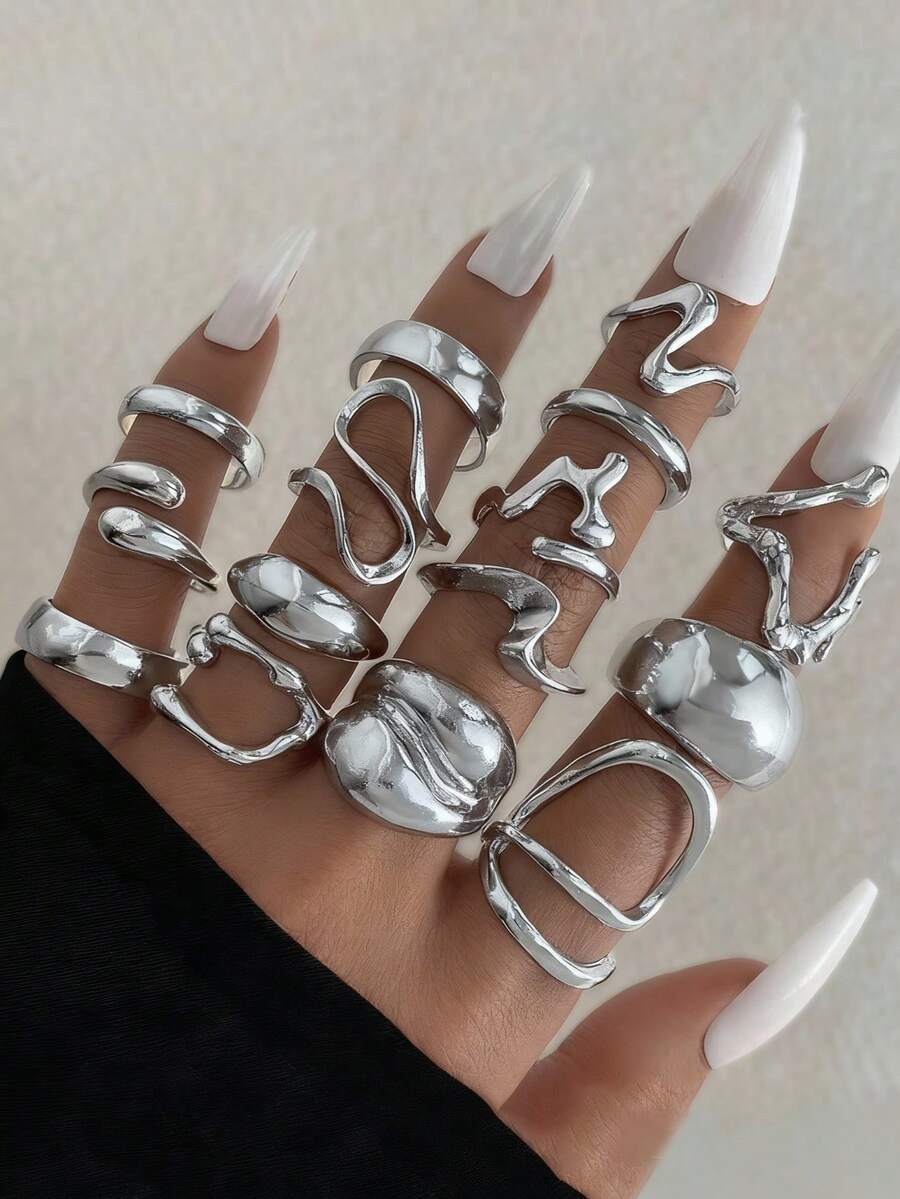 15pcs Set Fashionable Exaggerated Smooth Alloy Asymmetrical Water Drop Geometric Knuckle Rings, Lava Line Open Rings Set, Adult Gift For Friends (Includes Size Guide, Do Not Forcibly Bend Or Twist) - Silver - View 1