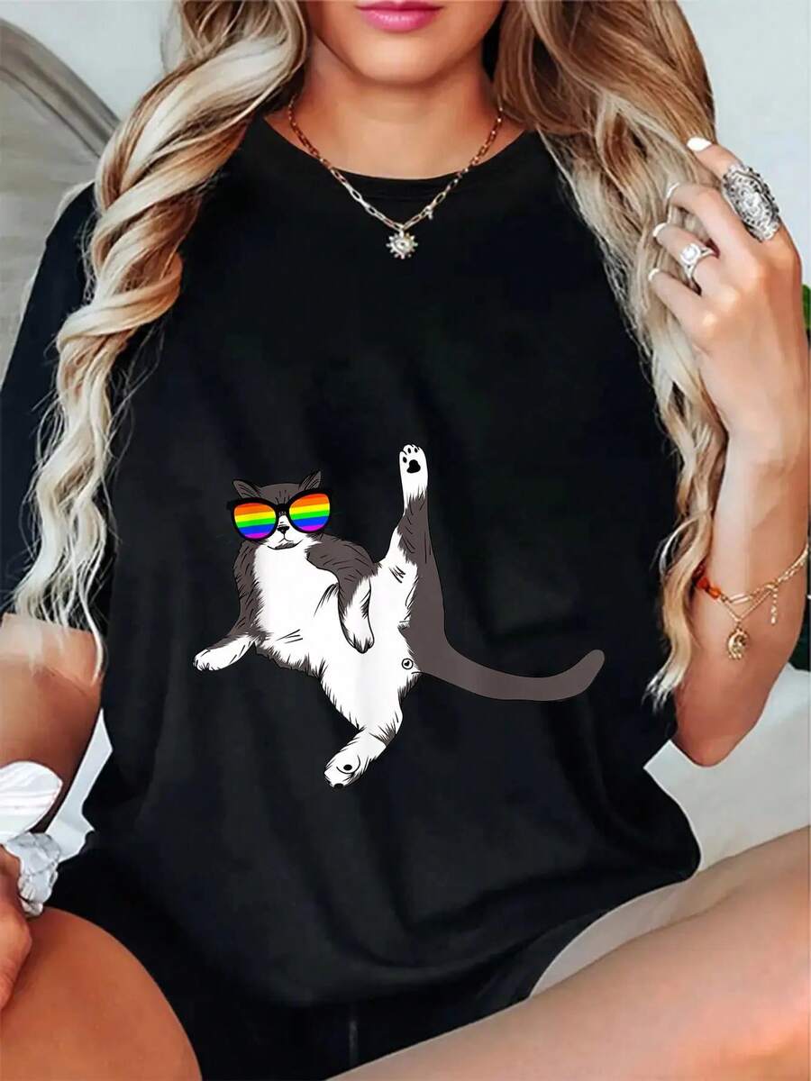 Maglietta 100% cotone con gatto, amore, orgoglio gay e lesbico LGBT, per donne e uomini, estiva, vacanza, morbida, vestibilità rilassata, classica e comoda - nero - Visualizzare 1