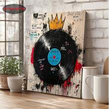  Basquiat-Inspired Graffiti Crowned Vinyl Record Street Art Canvas Painting - Urban Music Wall Decor Poster, Bold Black White Blue Red Abstract Art Print For Living Room, Bedroom, Office, Framed Ready-To-Hang Holiday Gift, Home Decoration, Modern Home Decorators, 2D Flat - 黑與白 - 查看 5