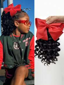 1pc Cute Girl Braided Ponytail Wig, Synthetic Hair Extension With Bow Decor Ribbon, Detachable & Reusable, Ideal Gift (Bow Color Options: Orange, Blue, Yellow, Red, Pink, Turquoise, Light Purple), Halloween - Black - View 16