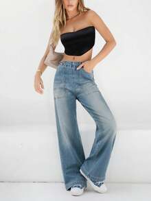 Women Wide Leg Jeans Tummy Control Mid-High Waisted Straight Stretchy Denim Pants With Pockets - màu xanh nhạt - Xem 2