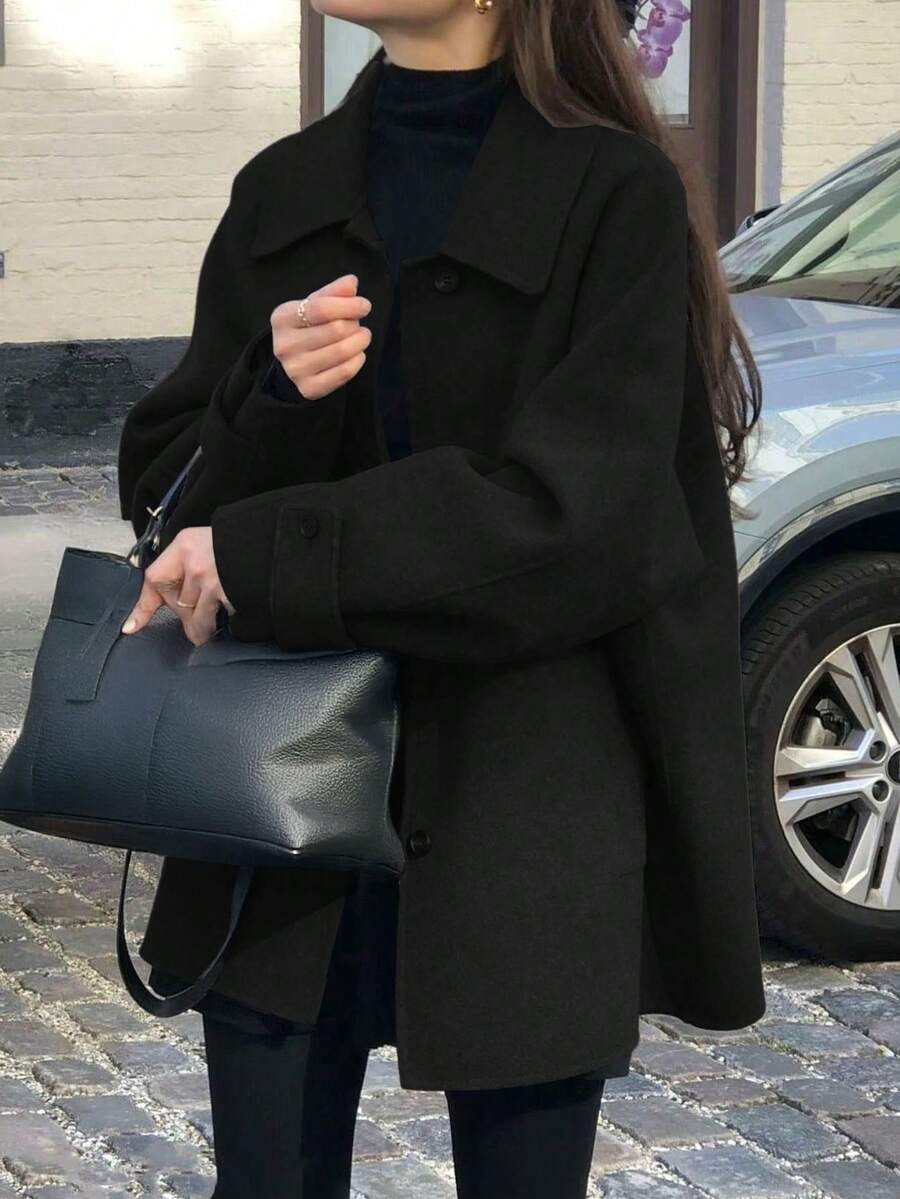 Women's Simple Solid Color Pocket Front Button Turndown Collar Raglan Sleeve Overcoat, Autumn/Winter Black