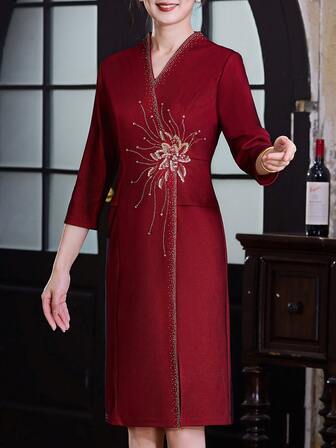 Women's Elegant V-Neck Sequin & Rhinestone Floral Embroidered Dress - 3/4 Sleeve Mother Of The Bride Evening Gown, Slit Detail, Back Zipper Closure, Suitable For Garden Wedding/Birthday Party/Formal Occasion/Gala/Corporate Event