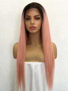 Ombre Pink With Dark Roots 13x4x1 Straight Lace Front Wigs Human Hair 250 Density T Part Wig Human Hair Pre Plucked Natural Hairline  Pink Colored  Bone Straight Human Hair Wigs For Women Natural Looking - 根染&漸變色 - 查看 2