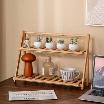 1pc Wooden 2-Tier Tabletop Storage Rack, Trapezoid Desk Display Shelf, Desk-Mounted Office Storage Organizer, Fashionable Decor For Dorm, Home, School, Office