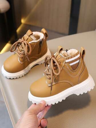 1 Pair Unisex Kids Fashionable Minimalist Thermal Lined Boots, PU Baby Boots, Warm Outdoor School Boots For Autumn/Winter