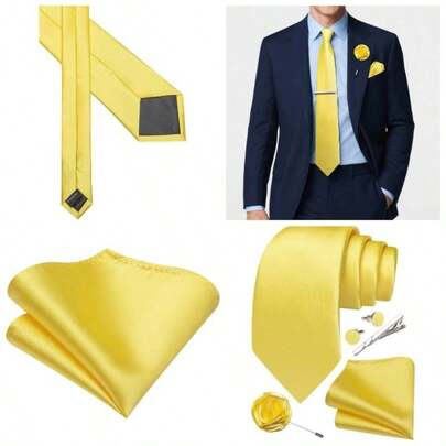 Solid Color Ties Men Silk Satin Necktie And Pocket Square Cufflinks Tie Clip Lapel Pin Set Wedding Business 5PCS