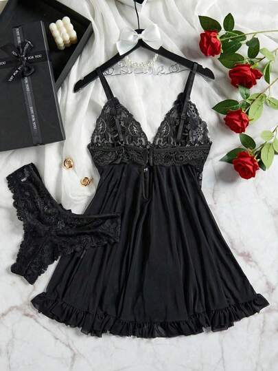 Plus Size Women Kanten Mesh Patchwork Neck Chemise Lingerie Set, Verleidelijke Nightwear Home Wear view 5