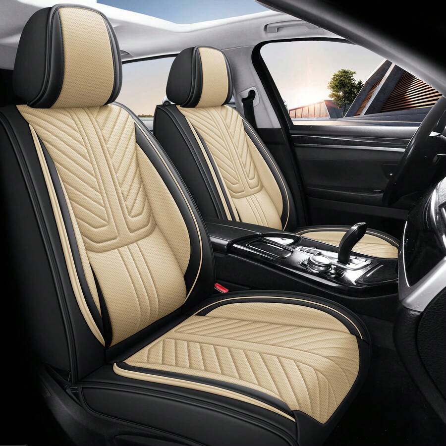 Nappa Leather 5 Seat Luxury Car Seat Covers Full Set Cushion Protector Fit Single Front Seats And Solid Bench 40/60 50/50 60/40 Split Bench Back Universal Fit For Most Cars 4 Season Use - 米色 - 查看 1