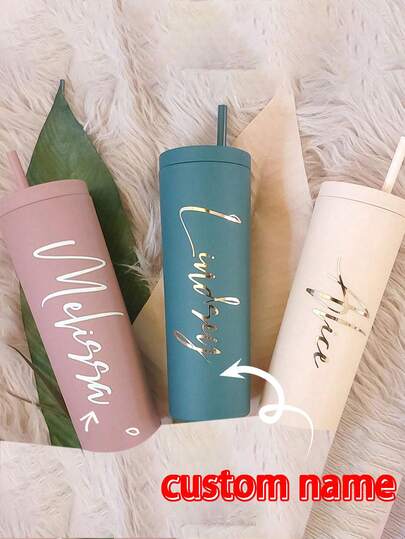 Customizable Creative Text Water Bottle With Straw, Customizable Straight Cup With Straw, Unisex Straight Cup Gift, Customizable, Personalized, Suitable For Him/Her, Boyfriend, Girlfriend, Dad, Mom, Family, Friends, Colleagues, Housewarming, Office, School, Home, Living Room, Bedroom, Dining Room, Tea Room, Uplifting Cozy Atmosphere For Women