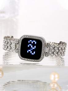 New Digital Watch Set FREE Bracelet Square LED Ladies Watch Alloy Student Girl Touch Fashion Electronic Women's Watch - Silver - View 3