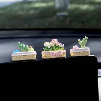 Cure Series Resin Tulip Car Decoration - Mini Pink And Yellow Tulip Dashboard Decoration, Cartoon Potted Flower Decoration, Women's Interior Accessory, Holiday Creative Gift, Car Decorative Accessory