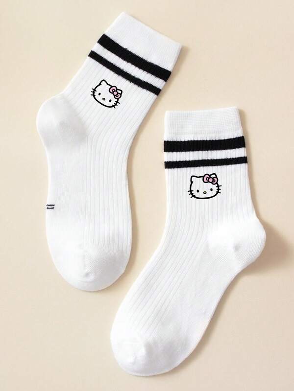 Sanrio 1 Pair Hello Kitty Cartoon Black Double Stripe Mid-Calf Socks, Kitty Cat/KT Cat, Baby Essentials, Toddler Socks Girl, Green Socks, Baby Girl Clothes, Baby Boy, Halloween Socks, Christmas Gifts