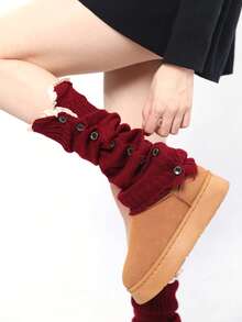 1 par de calentadores de pierna de unicolor versátil con botones, de estilo cálido y acogedor para otoño e invierno, con diseño de punto y botones para mujer - Multicolor - Ver 13