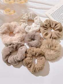 Conjunto de 7 scrunchies femininos de pelúcia de coelho, em cores sólidas, grossos e simples, para outono/inverno. Acessórios de cabelo versáteis, fofos e estilosos, perfeitos para o dia a dia, rabo de cavalo, maquiagem e para combinar com roupas.