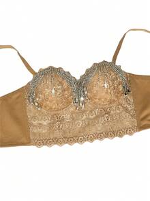 Top corto con corpetto in strass, top corset sexy in rete, reggiseno in pizzo con catena e nappe, adatto per feste e festival - Dorato - Visualizzare 5