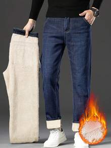 2025 New Winter Thermal Fleece-Lined Jeans Slim-Fit Thermal Fleece-Lined Jeans Casual Business Style Cotton Blend Fabric Preppy Aesthetic Everyday Wear Ideal For Cold Weather Stretch Design Solid Color Regular Length Washed Finish Zipper Fly Suitable For Mature Occasions The Perfect Gift Choice - 天藍色 - 查看 4