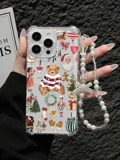 1pc Christmas Bear Element Mixed Pattern Christmas Santa Claus Colorful Print Patchwork Unique Design Anti-Drop Fashionable Transparent Phone Protective Case, Suitable For Self-Use And Gifting, Compatible With Apple IPhone11/12/13/14/15/16/16PRO/16PROMAung GalaxyA05/A15/A25/A35/A53/A54/A55/S23/S24
