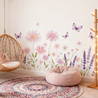 BRUP 1 件创意儿童房墙贴，花卉蝴蝶可移除贴花，柔和粉紫色墙壁艺术，适用于女孩卧室、育儿室、游戏室装饰