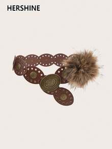 Hershine 1 szt. owalny damski pasek w stylu BOHO Punk w stylu vintage, z siateczki, brązowy pasek z wykończeniem z futra królika, odpowiedni do sukienek, na co dzień i na wakacje, do codziennego użytku na Halloween, lato, szkołę, jesień, Halloween