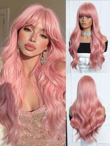 1pc 26 Inch Long Curly Synthetic Wig With Bangs, Pink, Suitable For Women's Daily Wear, Can Be Used For Cosplay, Parties, Gatherings, Festivals, Also Makes A Great Gift For Women - Pink - View 3