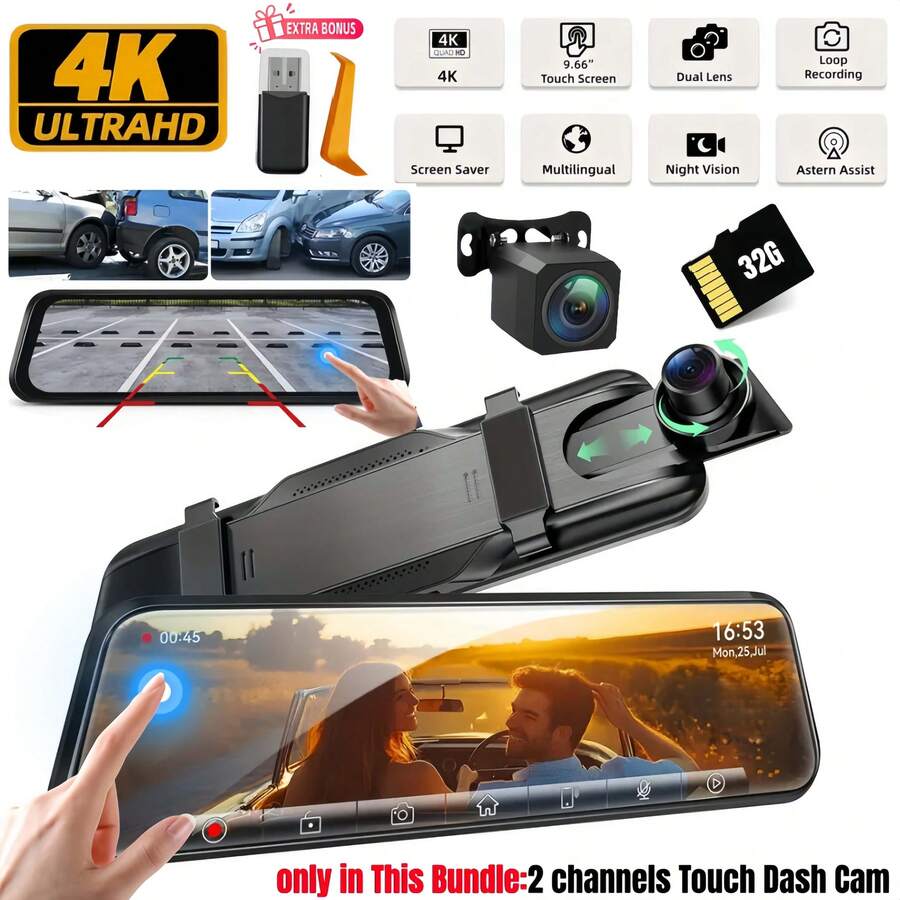 Dash Cam For Cars 4k, Rear View Mirror Camera, Back Up Cameras For Vehicles, 9.66" Mirror Dash Cam With 4K Front & 720P Rear Camera | Dimming Rearview Display | Touch Screen Operation | Reversing Image With Guidance Lines | Super Night Vision | G-Sensor | Loop Recording | Parking Monitoring | Includes 32GB SD Card (Supports 128GB) | Easy Installation | Suitable For Most Vehicle Models | Perfect Halloween & Christmas Gifts - 4K Touch Dual-channel Dash Cam+32G - View 1