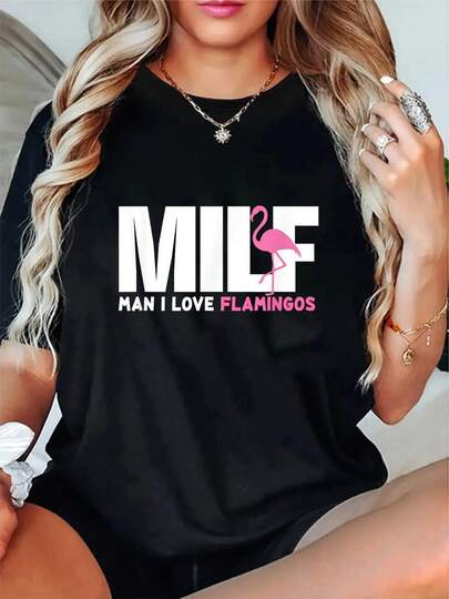 100% Cotton MILFs Meme Man I Love Flamingos Funny Gift Hippie Flamingo T-Shirt Women's Men's Graphic Tee Crew Neck Summer Vacation Tops