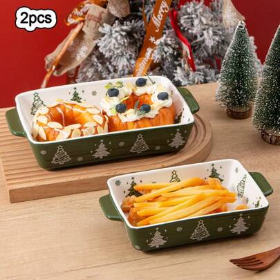 2 peças de lindas assadeiras de cerâmica multifuncionais para o Natal, adequadas para micro-ondas e lava-louças, podem ser usadas para fazer vários lanches e tortas, podem conter frutas e sobremesas, perfeitas para festas de aniversário e Natal, um presente fofo e prático.