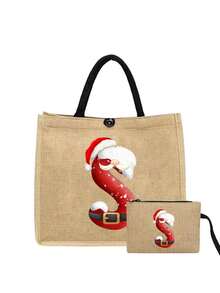 Linen Tote Bag, Including A Printed Initials A-Z Tote Bag And A Printed Small Bag, Letters, Flowers, Christmas Gift, Mother'S Day Gift, Personalized Gift Package, Yellow Linen BlackTote Bag With Black Buckle, Combination Of Small And Large Bags, Suitable For Weddings, Birthdays, Beaches, Holidays - Multicolor - View 33