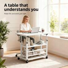 White/Multifunctional Standing Desk, Height Adjustable 23.62"-35.43", Mobile Computer Table With Universal Wheels, Stable And Comfortable, Easy To Install, Convenient Study Table Suitable For Home Office, Sofa, Study Workspace, Spacesaving Furniture - White - View 2