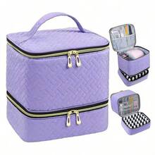 1pc Dual Layer Large Capacity Makeup Bag, Velvet Portable Travel Cosmetic Storage Box, Bathroom Toiletry Cosmetic Nail Polish Organizer - Multicolor - View 14