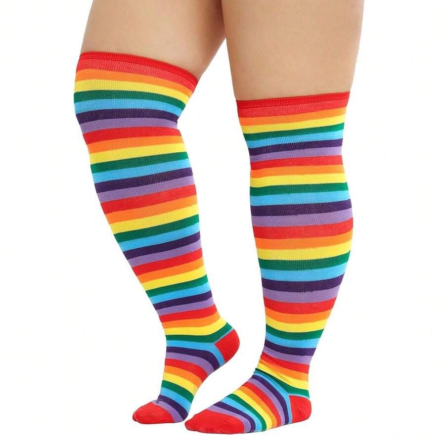 Zando Plus Size Thigh High Socks For Thick Thighs Women Striped Thigh High Stockings Over The Knee Socks Leg Warmers{"Size_name":"OneSizePlus","Color_name":"Rainbow"} - Rainbow - 查看 1