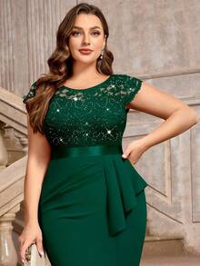Plus Sequin Lace Bodice Ruffle Split Thigh Wrap Hem Cocktail Party Bodycon Dress, Valentine's Day Dress, Summer Dress, Evening Party Dress, Graduation Dress, For Birthday, Wedding Guest, Homecoming - Dark Green - View 11
