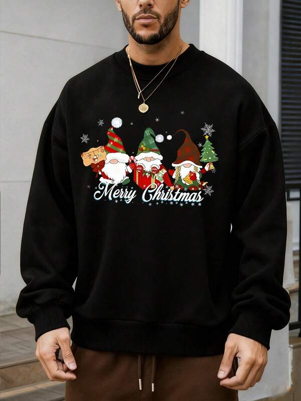 1pc Men's ChristmasSquad "Merry Christmas" Graphic Black Crew Neck Sweatshirt, Loose Fit Casual Holiday Style Pullover For Autumn/Winter