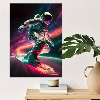 1幅宇航员骑着悬浮滑板穿越太空的宇宙插画海报帆布墙画，适合家居装饰，是热爱极限运动的都市个性人士的完美之选。高品质帆布印刷，适用于客厅、卧室、厨房、办公室、咖啡厅等场所，是馈赠亲友的理想礼物和装饰品。