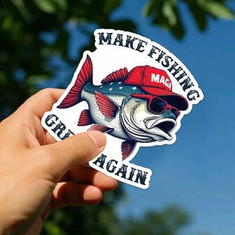 Pegatina patriótica "Hacer que la pesca vuelva a ser genial", diseño de pez con bandera estadounidense con gorra y gafas de estilo - Calcomanía de vinilo para equipos de pesca, cajas de aparejos, barcos - Regalo divertido para hombres, padres, pescadores patrióticos